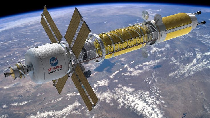 Grafik: Konzept des Marsraumschiffs MTV Copernicus mit nuklearthermischen Raketentriebwerken. Quelle: NASA